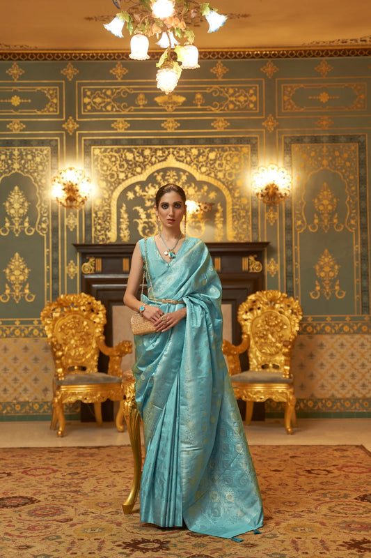 Powder Blue Banarasi Handloom Silk Zari Woven Saree