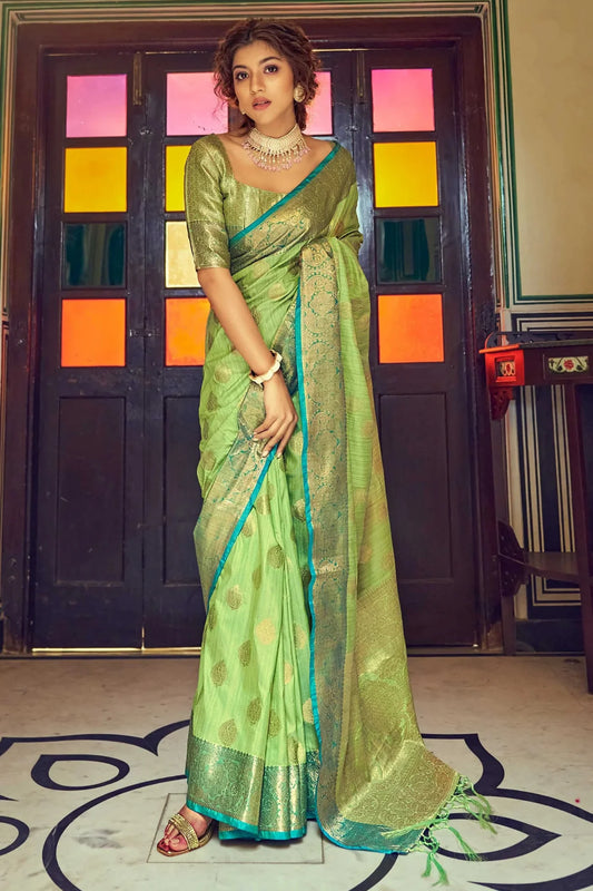 Seafoam Green Posh Banarasi Katan Soft Silk Saree with Rich Zari Border