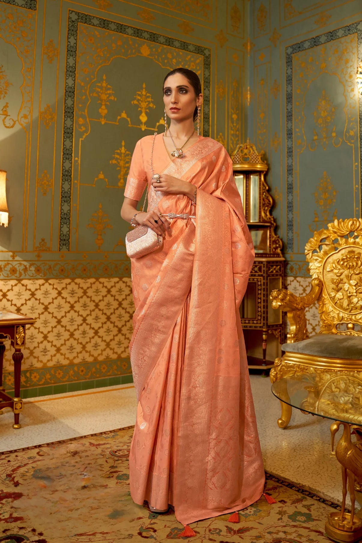 Salmon Orange Banarasi Handloom Silk Zari Woven Saree