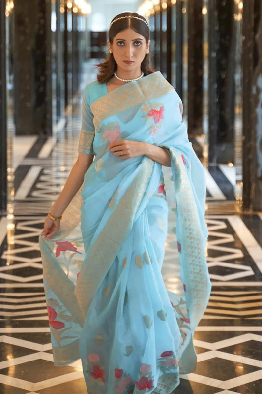 Sky Blue Soft Cotton Blend Silk Saree with Zari Work