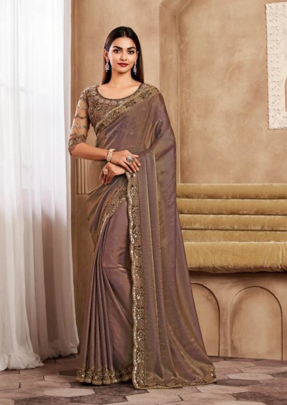 Brown Gold Flake Designer Silk Saree With Fancy Work