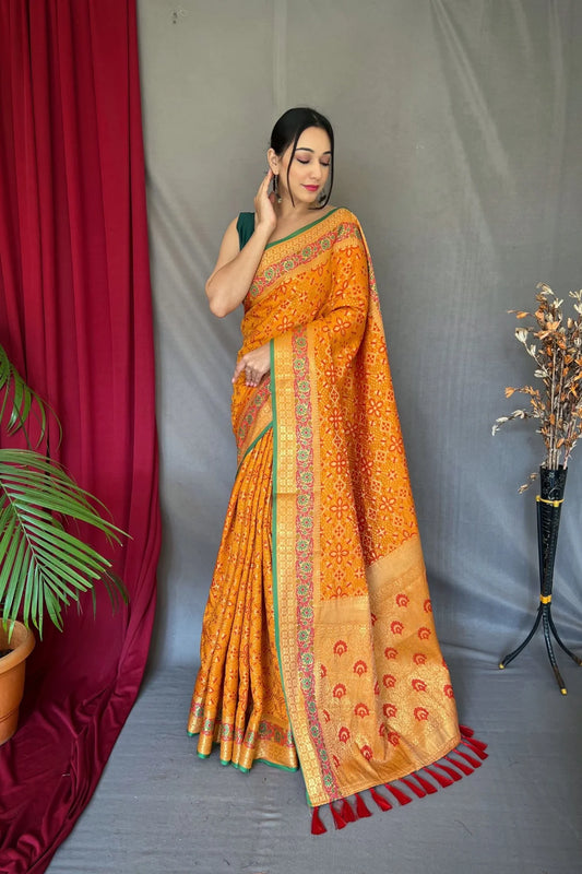 Yellow Patola Silk Saree with Flower Patola Fusion