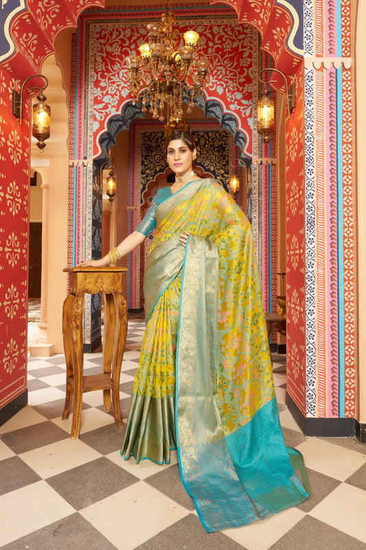 Yellow Banarasi Pure Soft Silk Saree with Zari Border