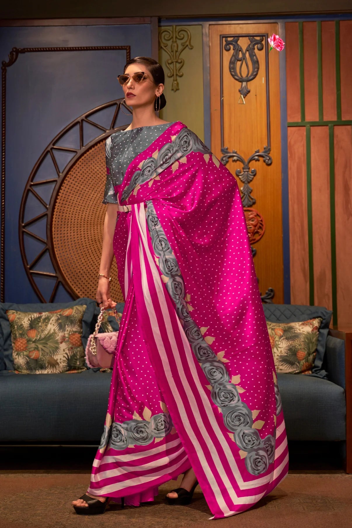 Magenta Floral Printed Satin Crepe Saree