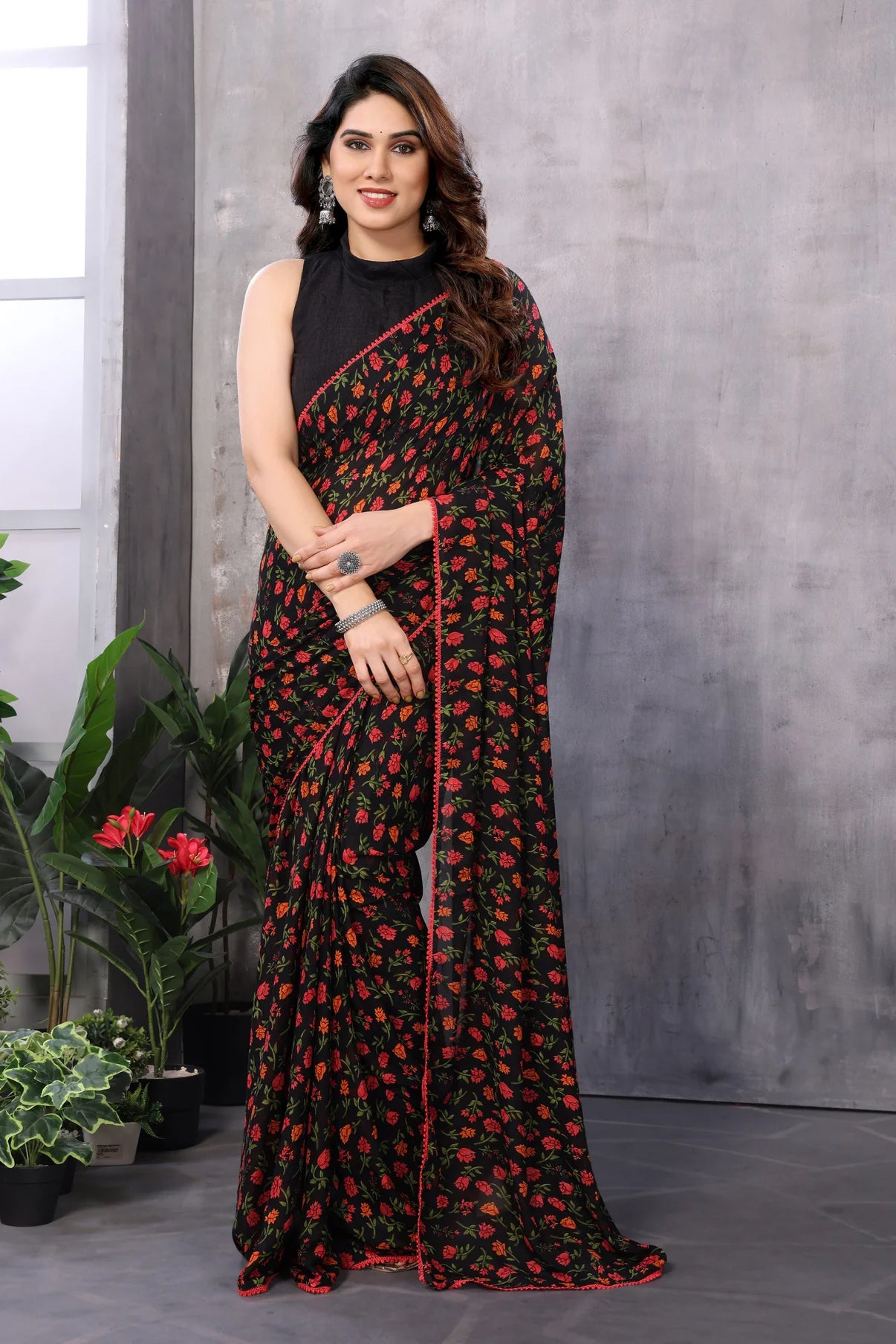 Black Pure Georgette Floral Printed Ready to Wear Saree OFFERS 🎁