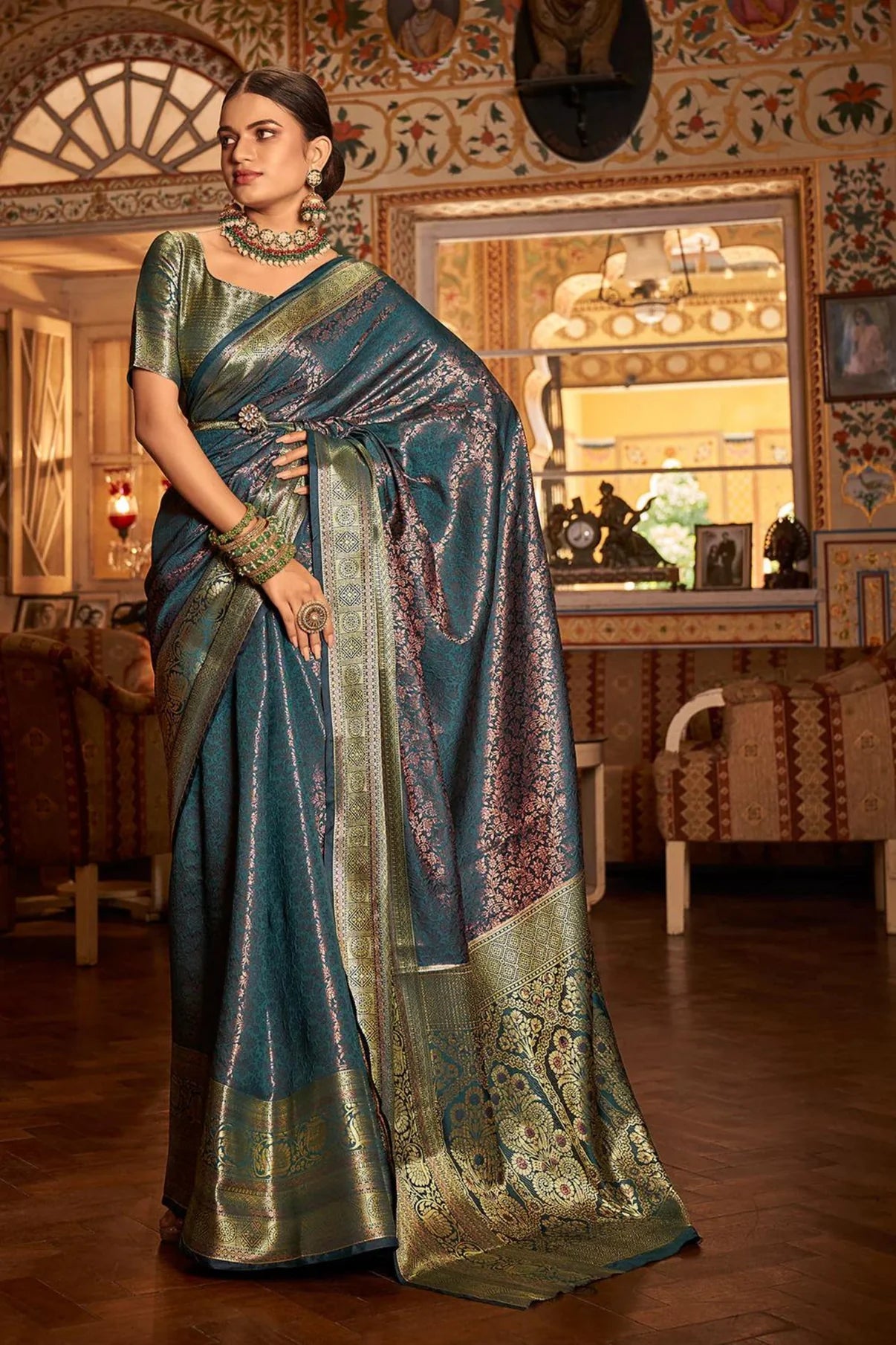 Denim Blue Pure Kanjivaram Silk with Bronze Zari Weaving