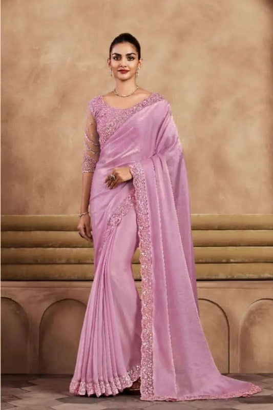 Pink Designer Gold Flake Silk Saree With Fancy Work