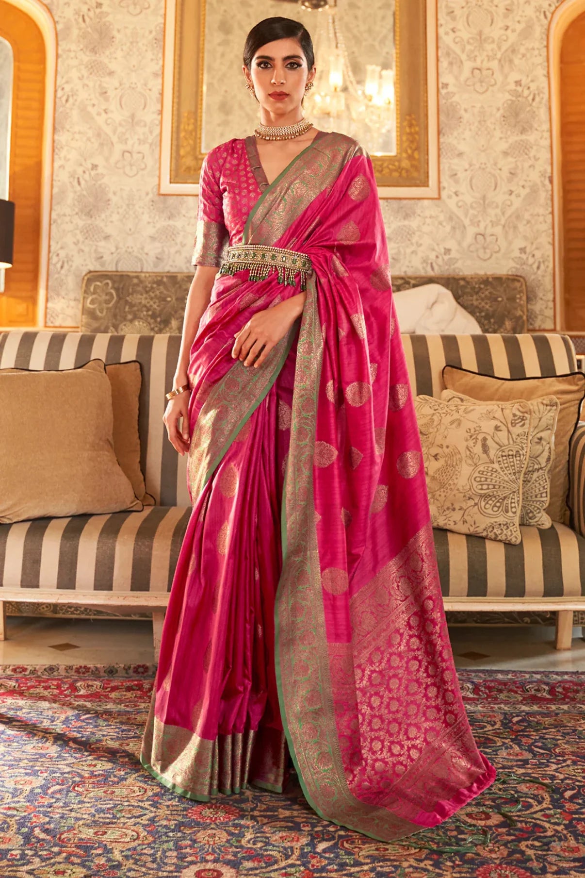 Punch Pink Banarasi Tussar Silk Saree with Designer Boder