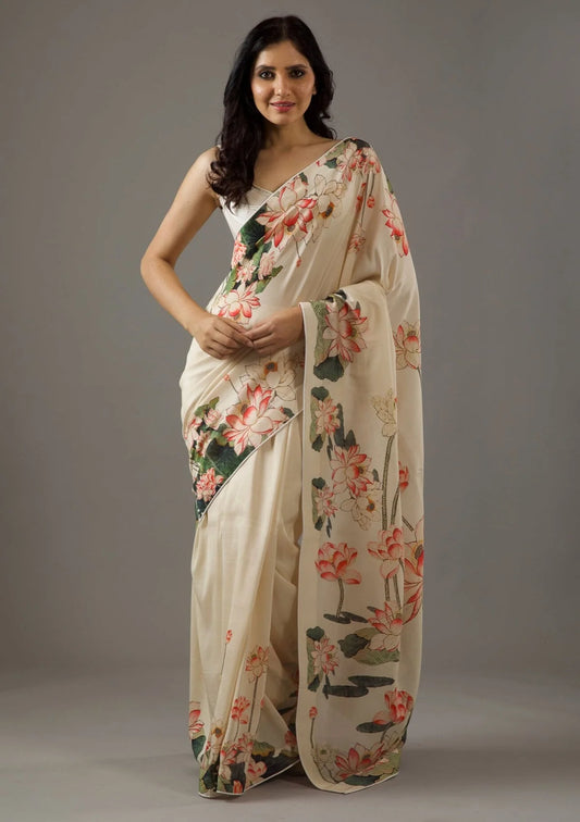 Designer Cream Floral Multicolor Printed Moss Georgette Saree