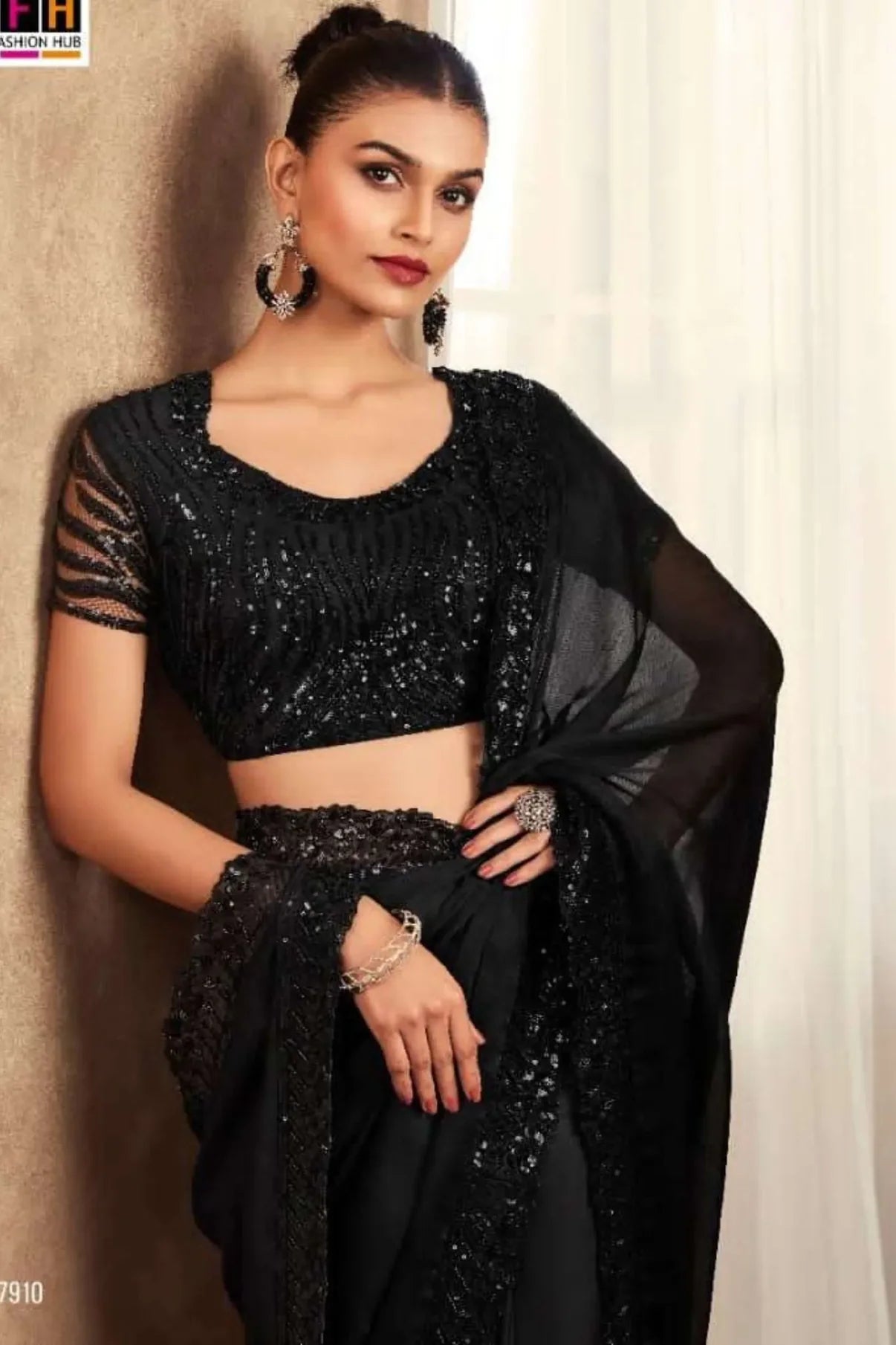 Black Designer Soft Silk Chiffon Saree With Fancy Work