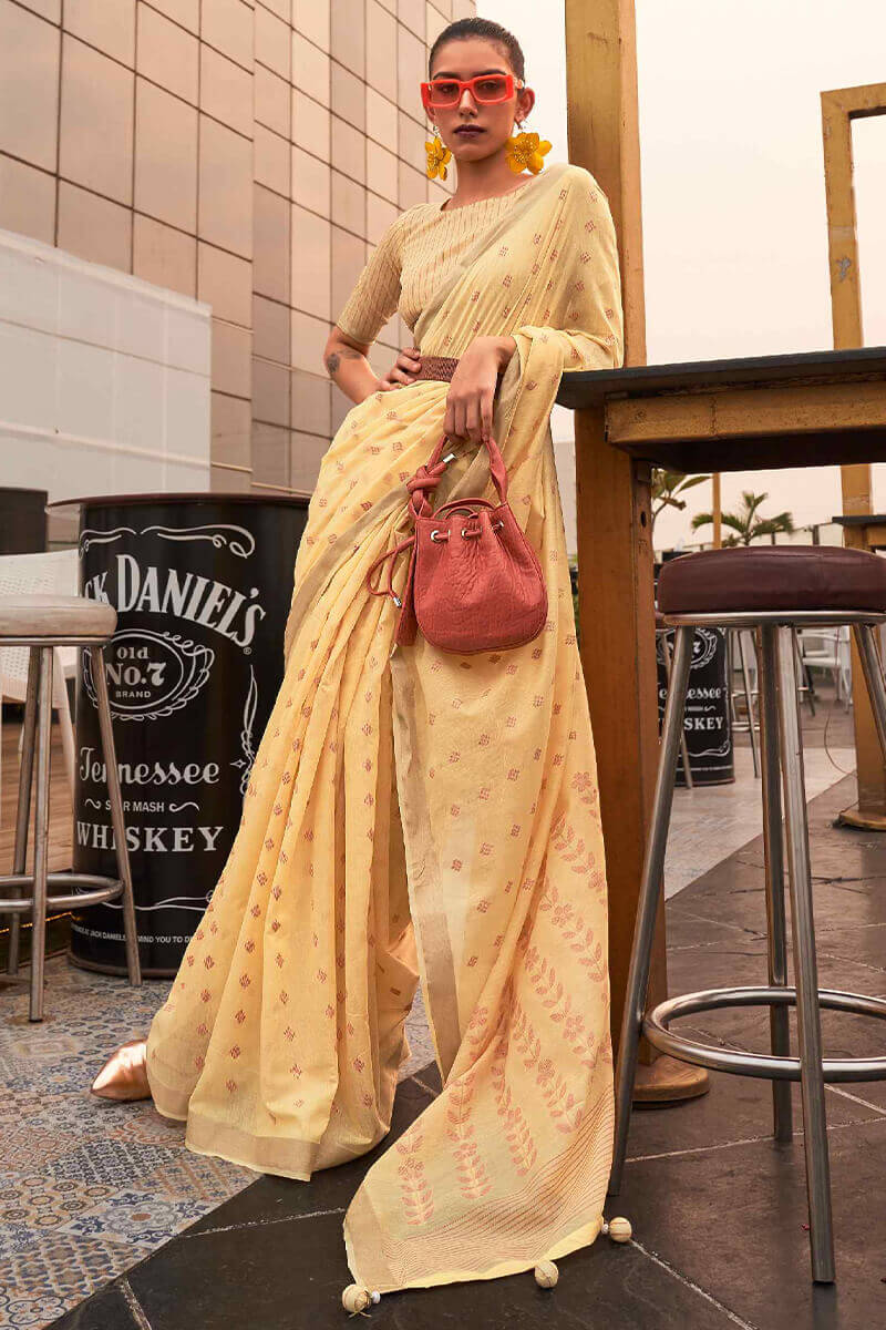 Indian Yellow Linen Cotton Silk Saree