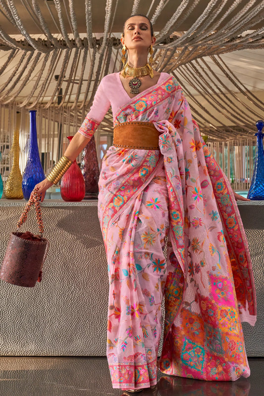 Coral Pink Kashmiri Cotton Silk Saree with Handloom Weaving