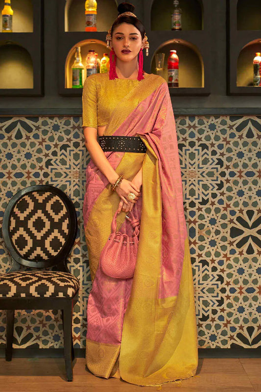 Pink and Yellow Zari Woven Banarasi Silk Saree